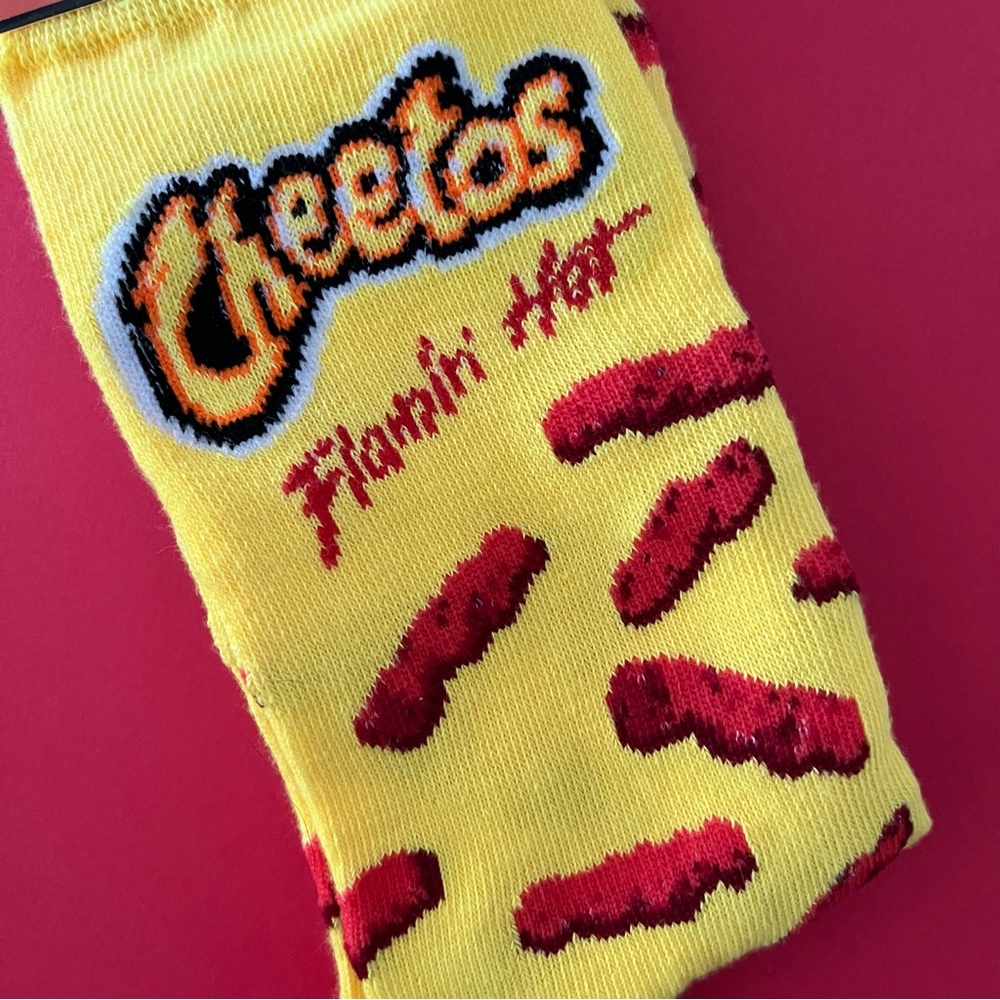 Cheetos Flamin' Hot Yellow Crew Stretch Socks Fits Men’s Shoe Size 6-12 - Picture 2 of 6